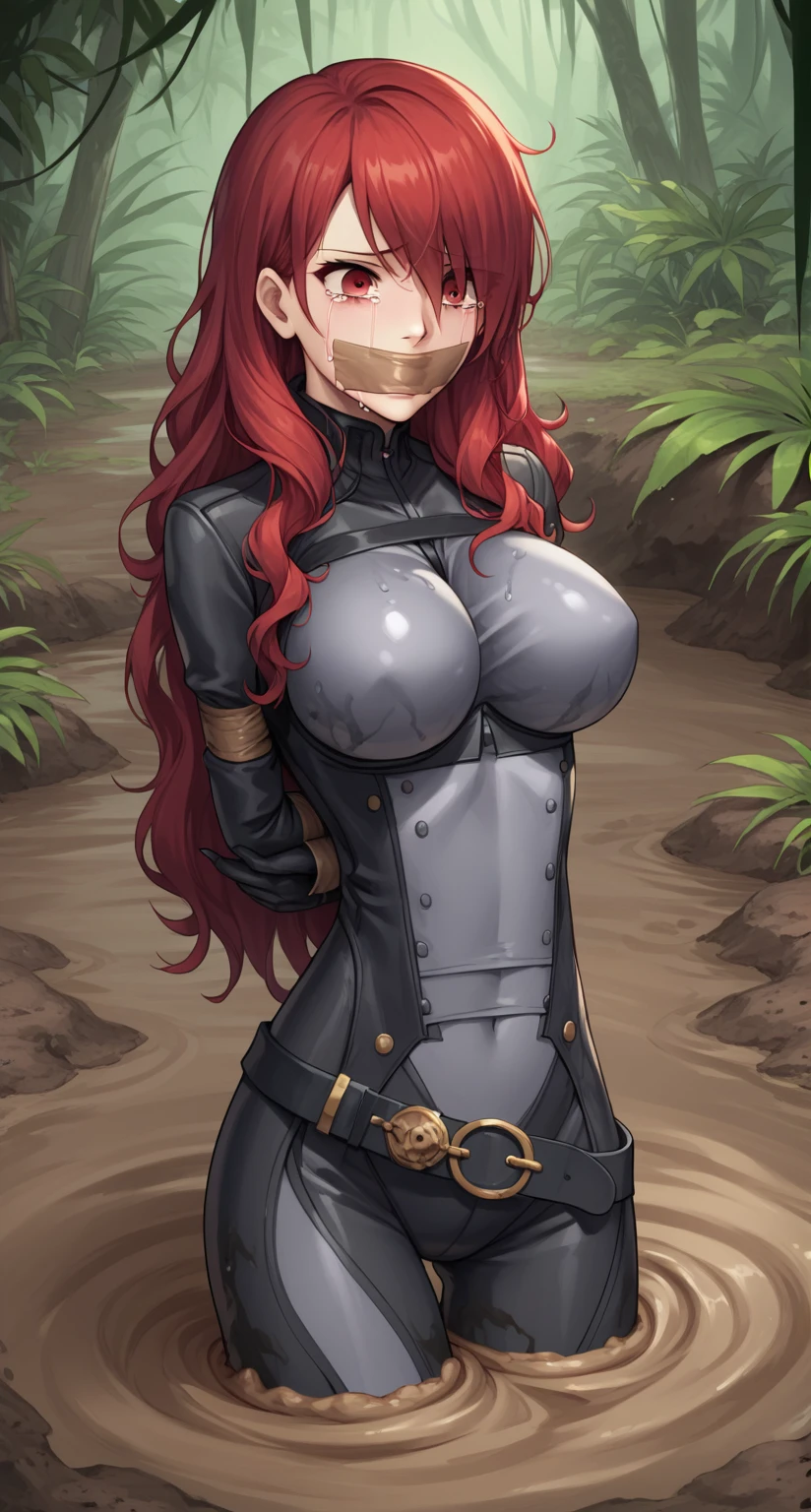 (black bodysuit, grey bodysuit:1.4), kirijou mitsuru, (red eyes, long hair, messy hair, red hair:1.4), 1girl, (gag, gagged, tape gag, restrained:1.4), (((fear, tears, crying))), thigh gap, (((large breasts))), ((a girl is sinking into quicksand)), ((quicksand)), (((standing))), sinking in quicksand, partially submerged, (only upper body visible), Sinking in mud, jungle, (arms behind back:1.4), snake vore, kirijoarena, hair over one eye, black gloves, belt
