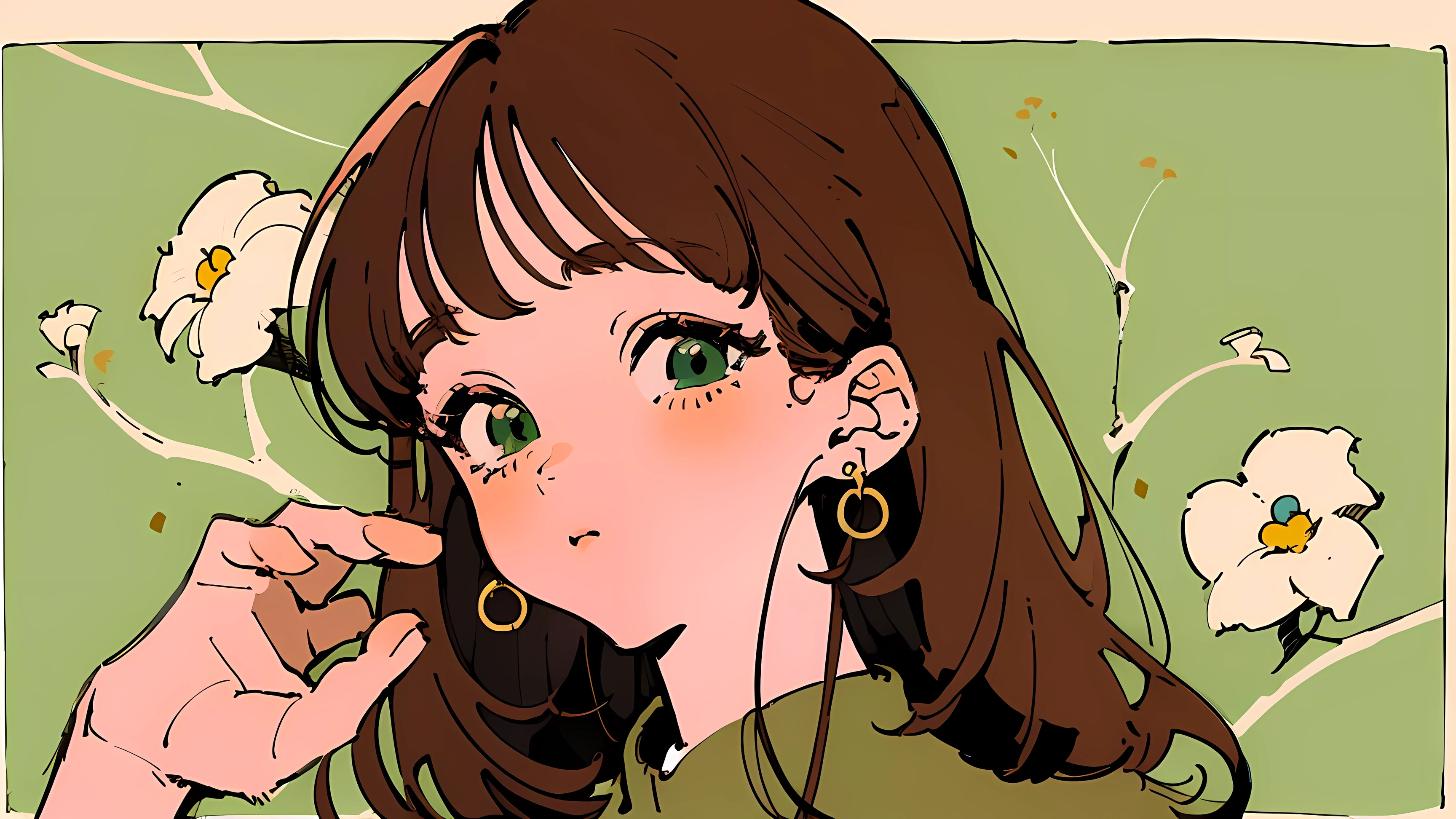 (Highest quality:0.8)、(Highest quality:0.8)、Super detailed、Analog illustration、Koto Tsumi \(style\)、masterpiece、Highest quality、Close-up portrait of a woman、1990、Comic Strip、Art illustration、Retro Pop、Chestnut Hair、Long eyelashes、Green Dress、Ruby Earrings、Picking flowers under the stars