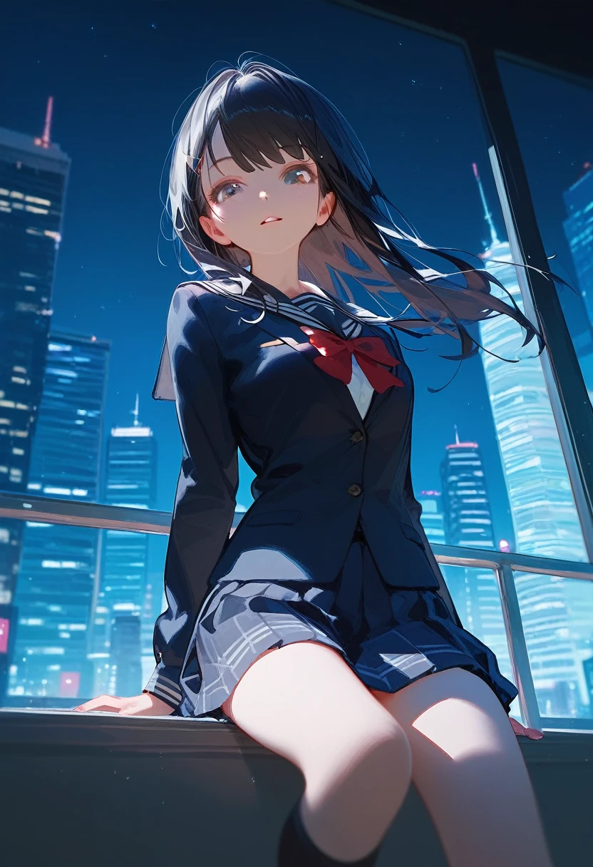 Score_9,Score_8_up,Score_7_up,highest quality,detailed,1 beautiful 18yo girl,JK,slim,(black_long_hair,straight_bangs),(wearing school uniform:1.2),(perfect anatomy),Sitting on top of a skyscraper,looking down on the city,beautiful night sky