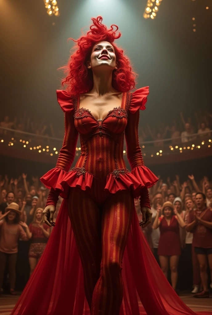 ((masterpiece, highest quality, Highest image quality, High resolution, photorealistic, Raw photo, Extremely detailed CG unified 8k wallpaper)), (huge stunning goddess shot, very hot and sexy, jaw-dropping beauty, perfect proportions, beautiful body, slim body beauty:1.4), Circus show, a woman in a red-haired clown costume with her face painted white, fascinates the audience with dynamic action, posing with a big smile on her face, and the audience explodes at her cue,