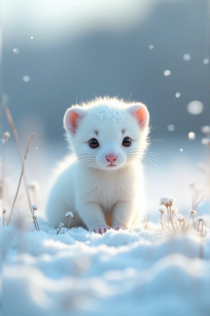 a small albino weasel peeking out from a snowy field, with white fur covered in snowflakes, round eyes watching cautiously, small ears perked up, ready to retreat at the first sign of danger, (best quality,4k,8k,highres,masterpiece:1.2),ultra-detailed,(realistic,photorealistic,photo-realistic:1.37),highly detailed, intricate, incredibly lifelike, soft lighting, natural tones, serene winter landscape