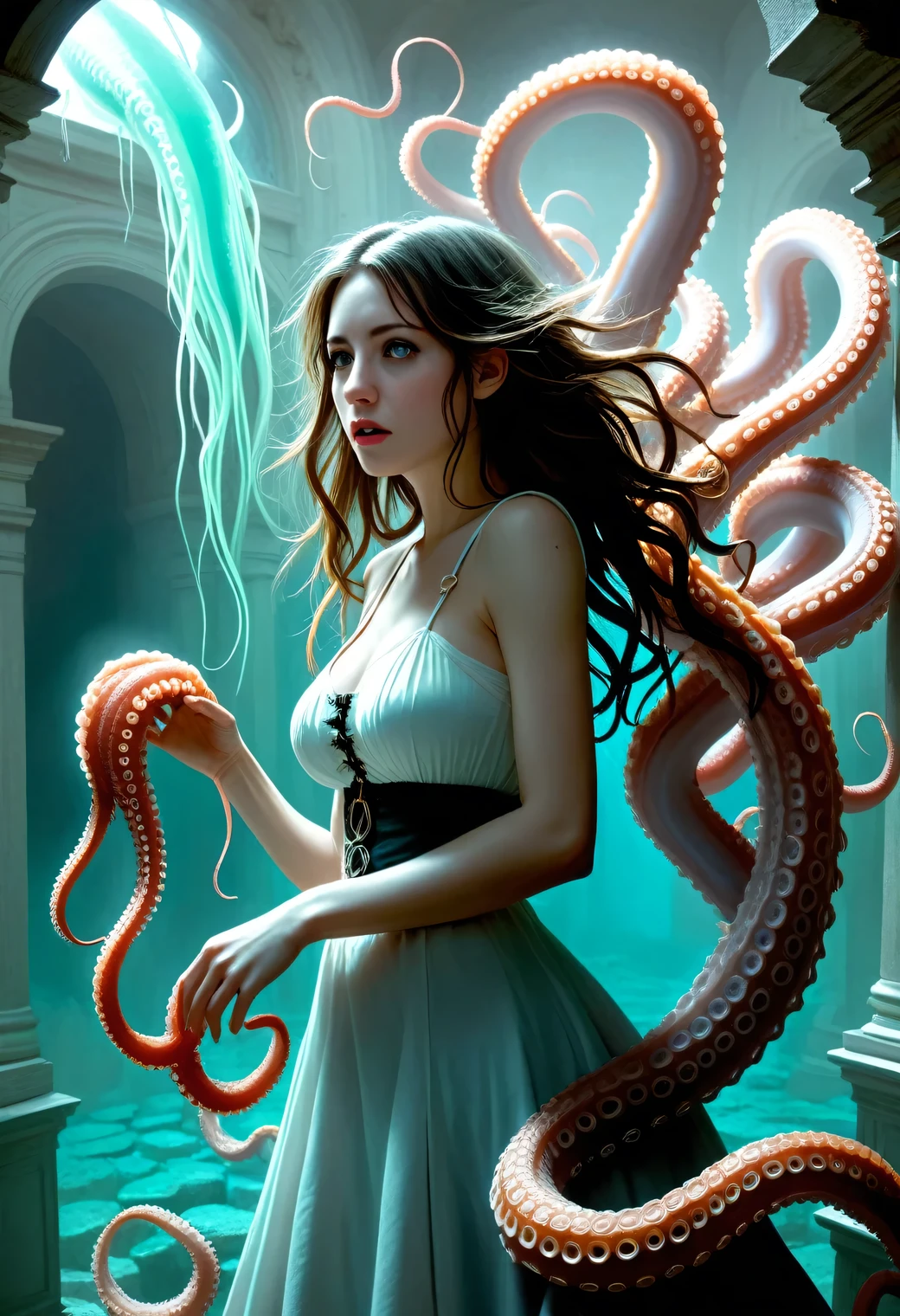 (masterpiece, best quality :1.2), 1 girl, Alone,SF, fantasy, A girl whose arm became a tentacle halfway through,ruins,Staring at her tentaced arm ,The tentacles secrete mucus