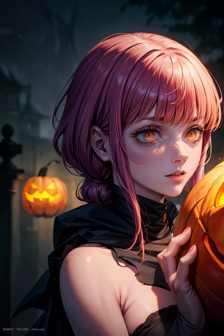 makima, night, full moon, spooky background, sustainable background, pumpkins, halloween, short hair, witch, beautiful detailed eyes, beautiful detailed lips, extremely detailed eyes and face, long eyelashes, 1girl, digital painting, ultra-detailed, HDR, UHD, studio lighting, ultra-fine painting, sharp focus, physically-based rendering, extreme detail description, professional, vivid colors, bokeh, horror, dark fantasy, moody lighting, dramatic lighting, warm colors,
