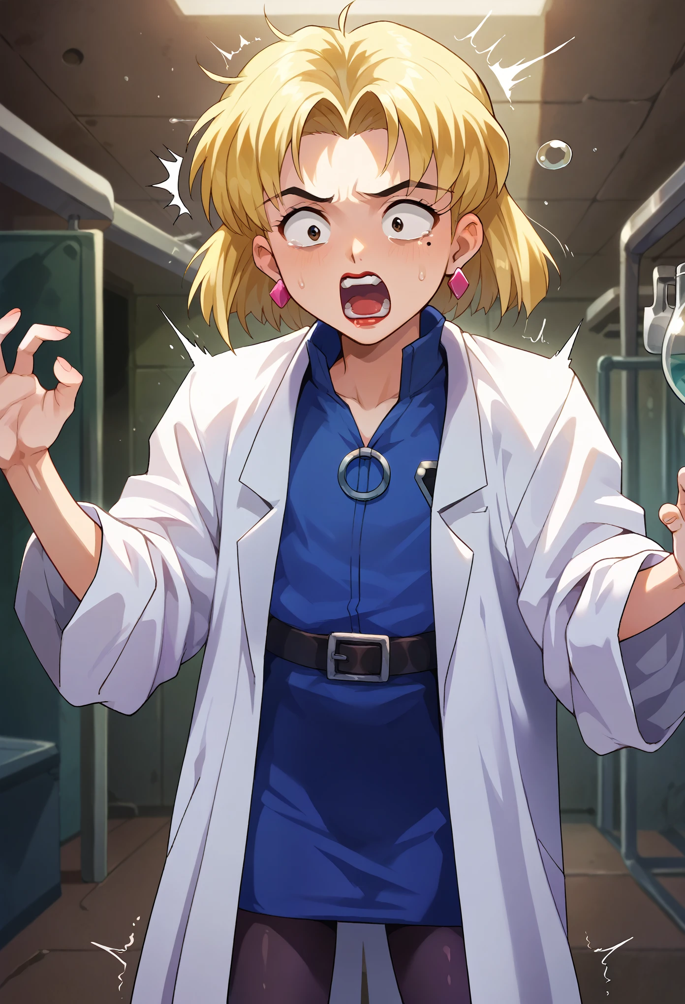 score_9, score_8_up, score_7_up, 1girl, solo, **** ,flat chest, Ritsuko, 1girl, solo, blonde hair, mole under eye, labcoat, earrings, jewelry, short hair, belt, lipstick, makeup darkblue skirt, black pantyhoses, belt, screaming, shaking, shocked, scared, looking down, surprised, indoor, lab background, AgeRegression, Oversized Clothes, loosed sleeves