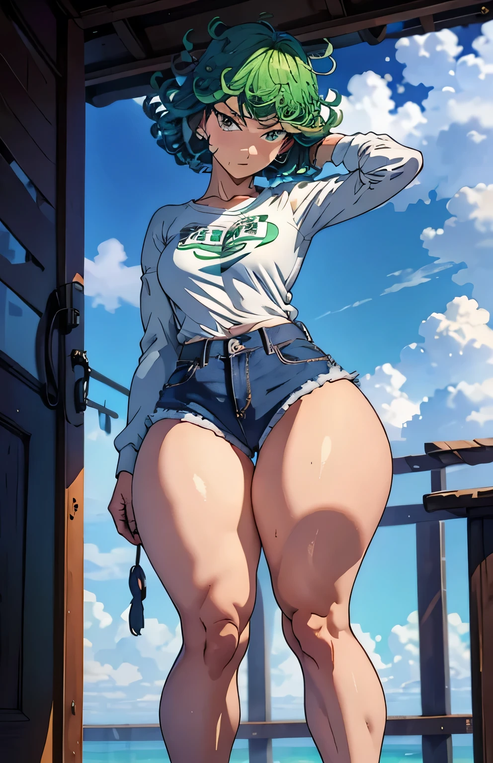 (masterpiece, best quality:1.2), cowboy shot, solo, 1girl, tatsumaki, lustful, closed mouth, looking at the viewer, ass, wide hips, shirt, short shorts, thong, squats, legs spread, blue sky, erotica,