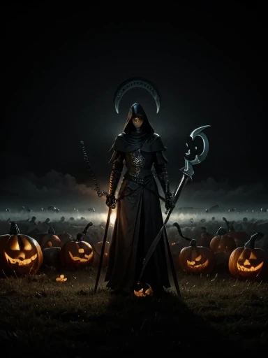 Jreaper, graveyard, fog, pumpkin head, knight armor, reaper scythe