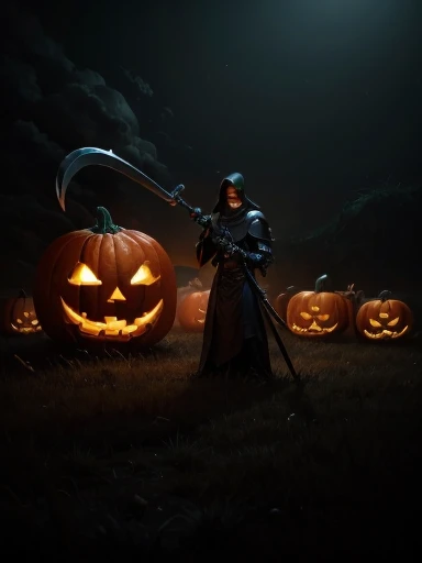 Jreaper, graveyard, fog, pumpkin head, knight armor, reaper scythe