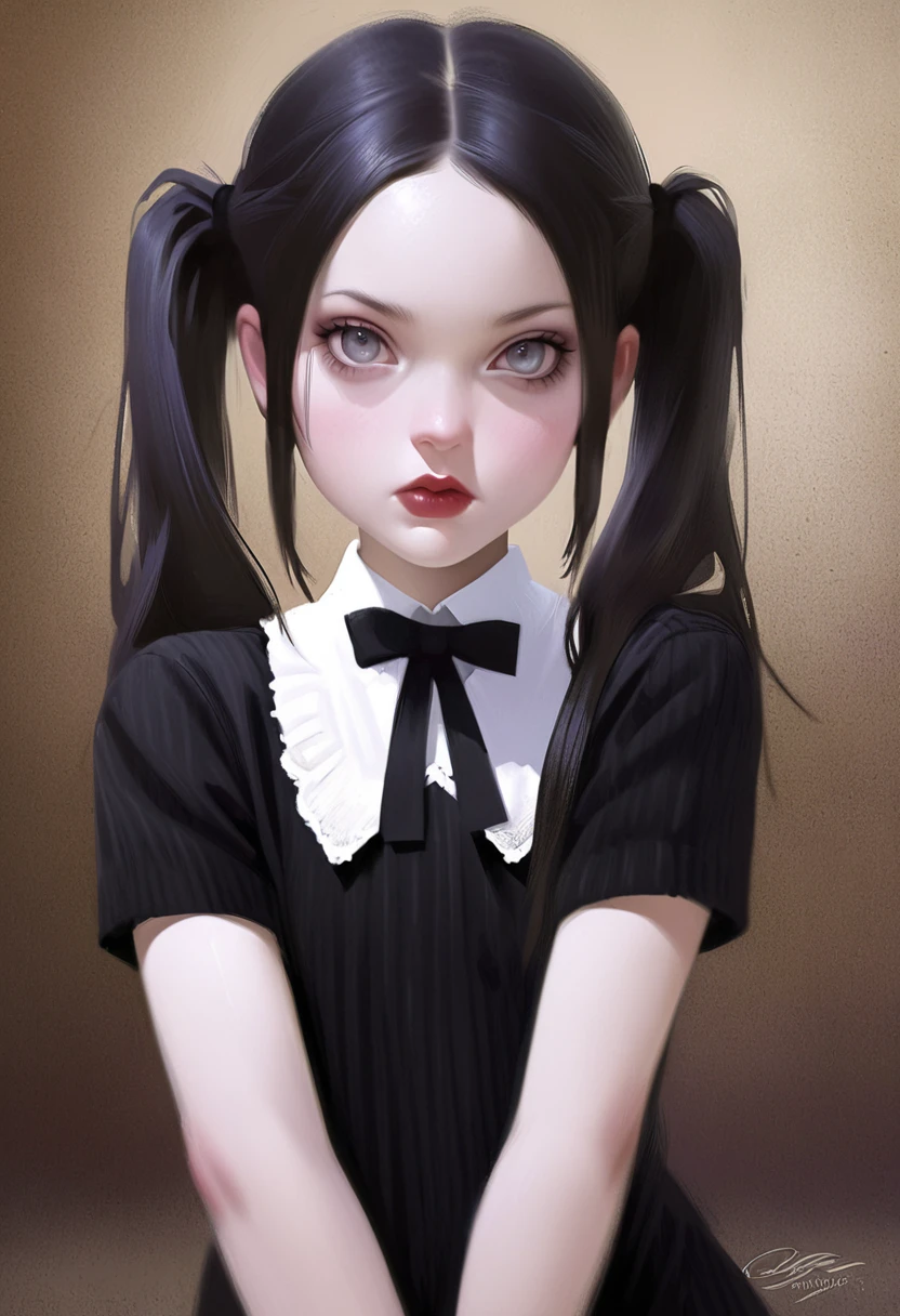 (realistic illustration:1.4). Sexy Wednesday Addams. Pigtails