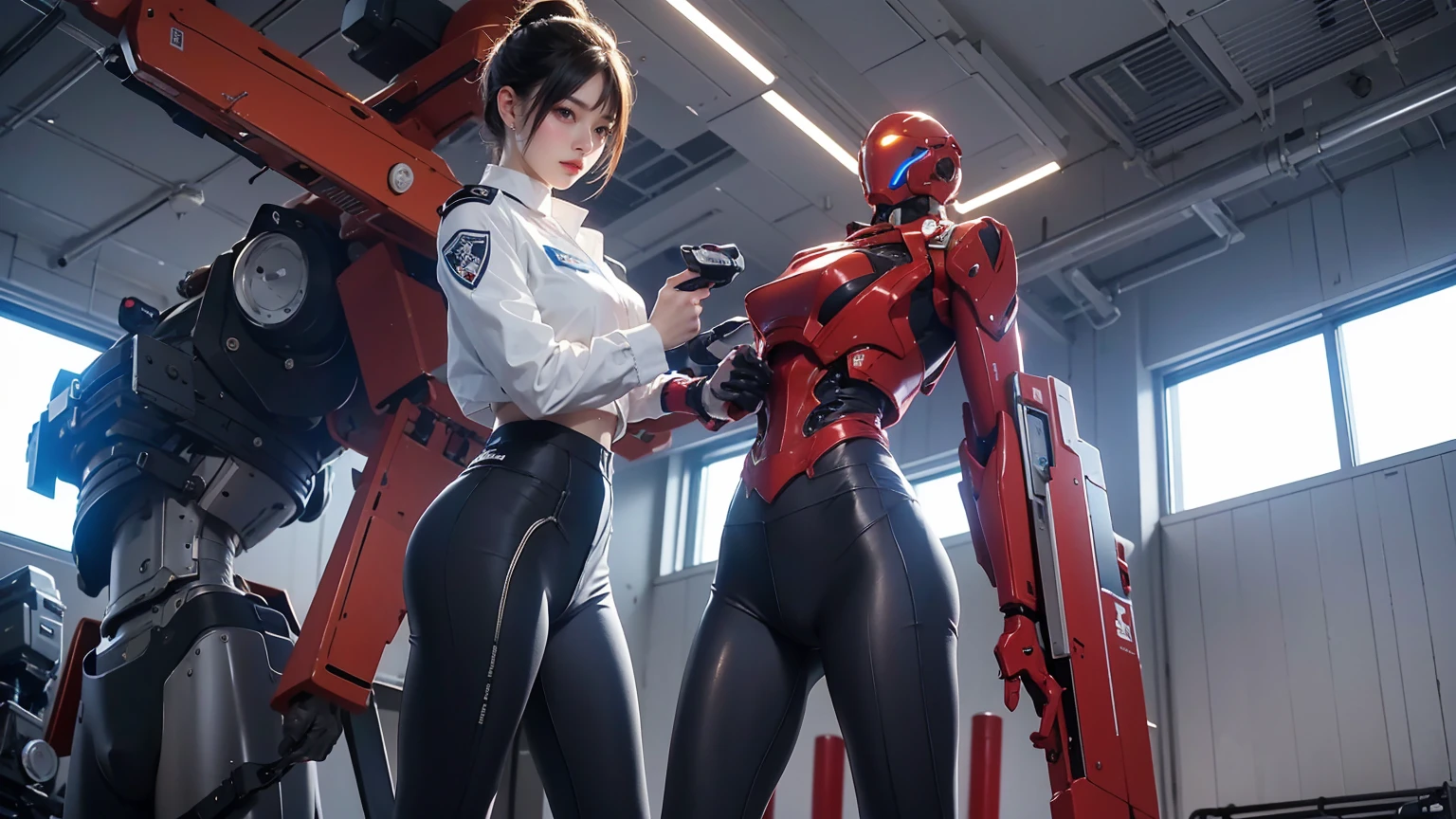 A Female robot is sleeping in bedroom, spread legs, nude, banzai pose. she wears no dress. She Brown short hair is tied with two big red clothespins, She lifts up the under hem of her white plain dress, leaning over, masterpiece, very short pigtails,brown hair, mature, android, blue eyes, full body figure, Height: 160cm, flushed cheeks, 2020s anime picture, A beautiful robot with short brown hair in two short pigtails held up by two very large huge red clothespins, Uplifting, No NSFW, whole body, barefoot, archaic smile, getting orgasm, 25 years old, sweat bucket.