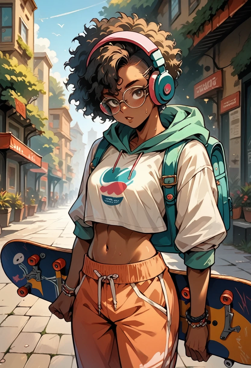 (masterpiece), best quality, expressive eyes, seductive, perfect face, dark skinned female with average build, short kinky afro, crop top, headphones, backpack, glasses, sweatpants, holding a skateboard, at a skate park,