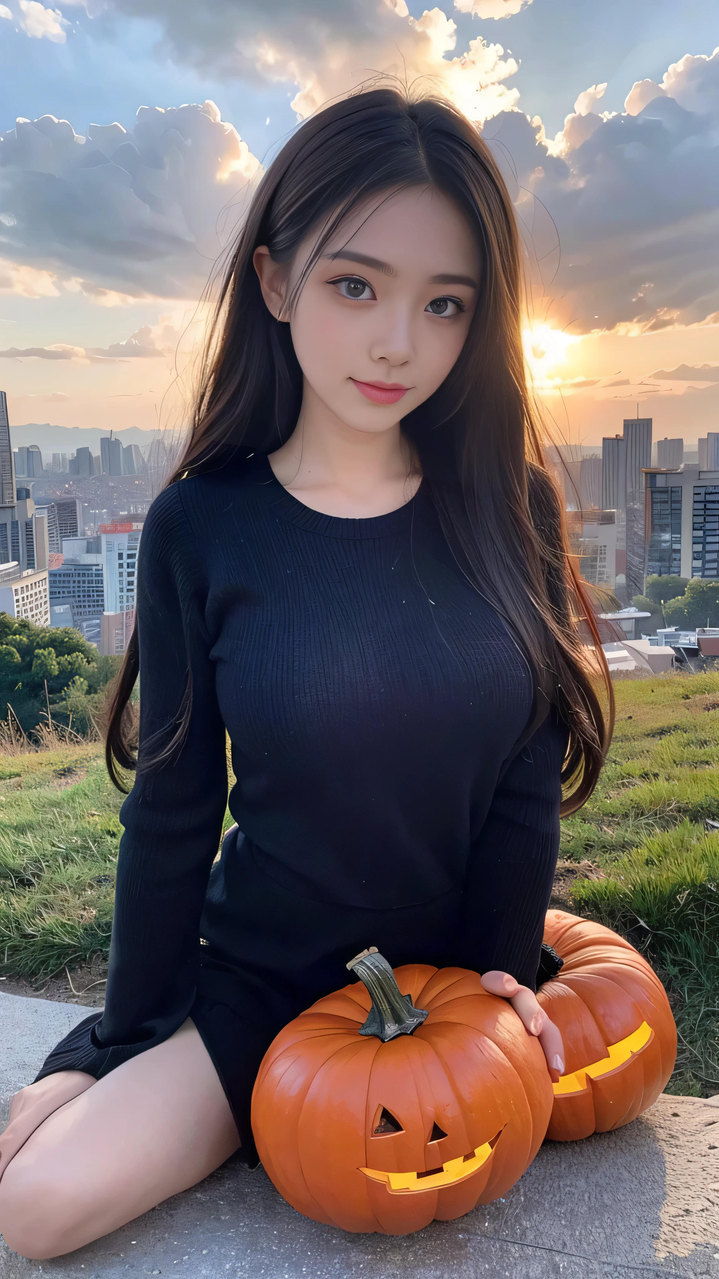 With high definition images，(8k, RAW Photos, Best Quality, masterpiece: 1.2),Beautiful cosplayer 、  Ultra Detailed ,  super resolution, (Genuine, Genuine photos: 1.37)Facial details,  Halloween costume 、 lots of pumpkin toys all around、Under a bright sky 、 on a hill overlooking the city 