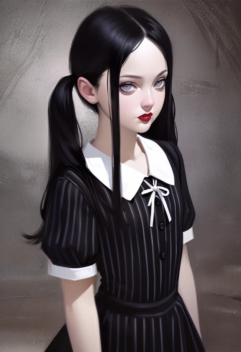 (realistic illustration:1.4). Sexy Wednesday Addams. With her classicpigtails
