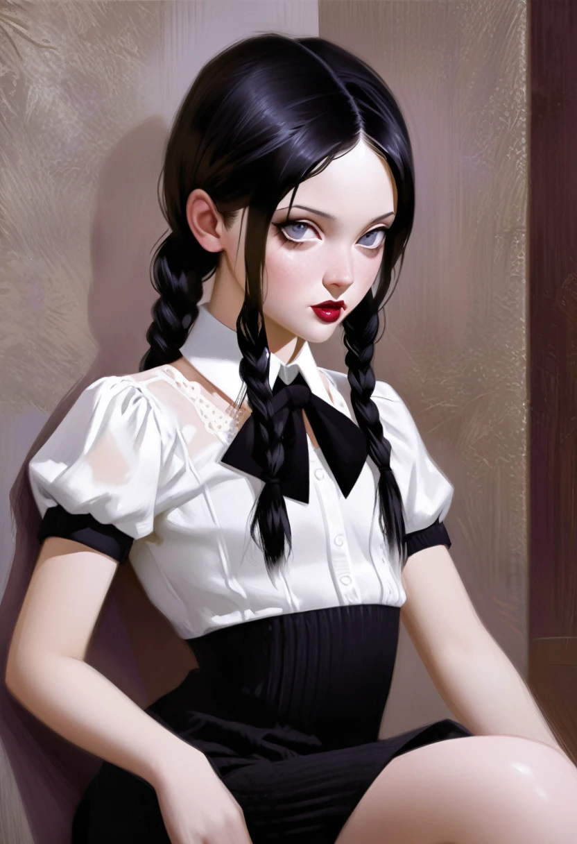 (realistic illustration:1.4). Sexy Wednesday Addams. With her classic braided pigtails 