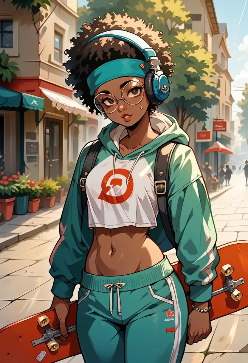 ,(masterpiece:1.2), (best quality:1.2), (very aesthetic:1.2), (absurdres:1.2), (),newest, perfect anatomy, expressive eyes, seductive, perfect face, dark skinned female with average build, short kinky afro, crop top, headphones, backpack, glasses, sweatpants, holding a skateboard, at a skate park,