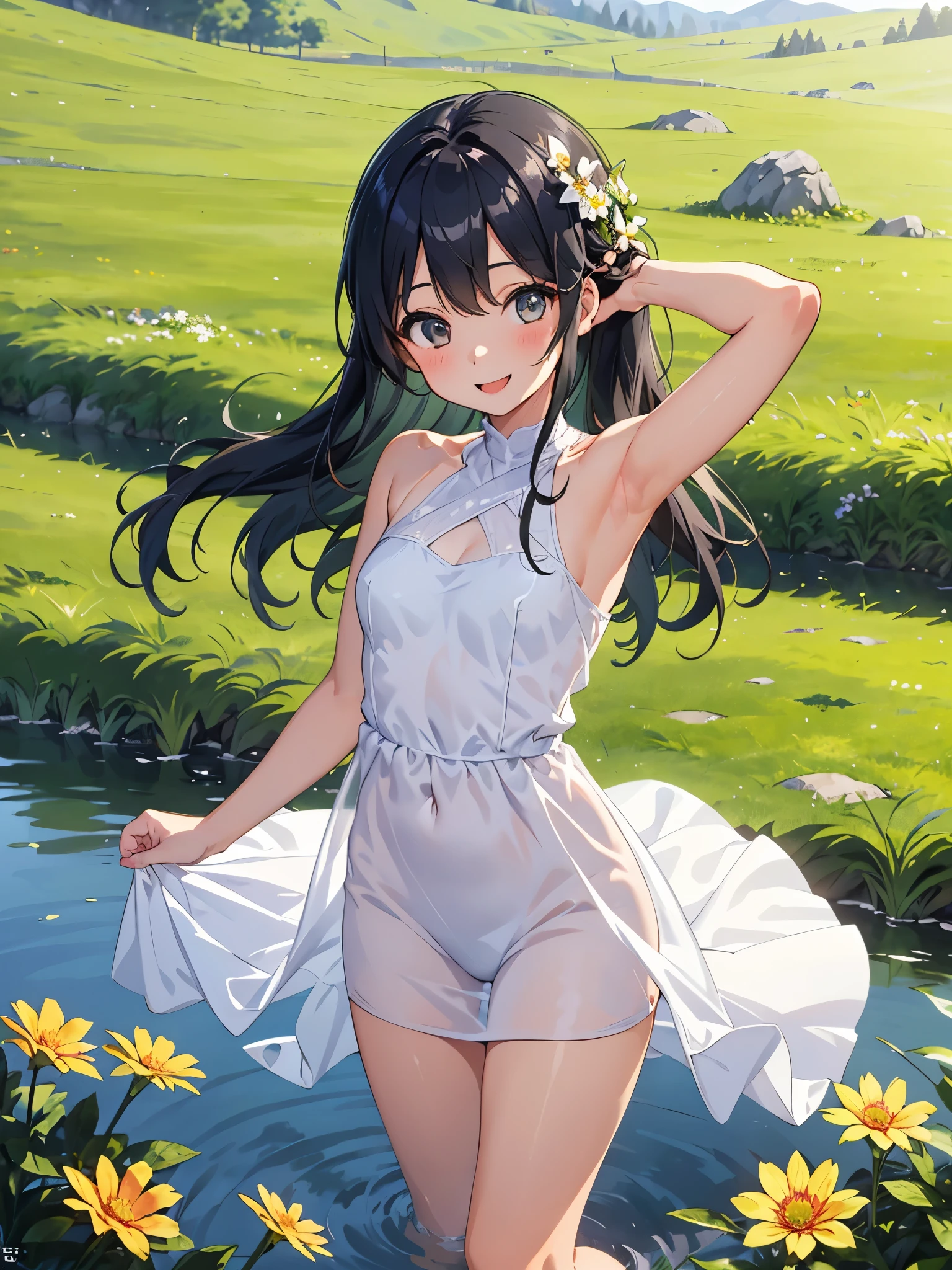 Armpit Show,1 cute girl who won't get wet ,See-through clothing,Cute 1 girl, one cute girl playing the flute , smile, slim, dress, Outdoor, In nature, Mountain々,  grassland, flower, null, Floating Hair