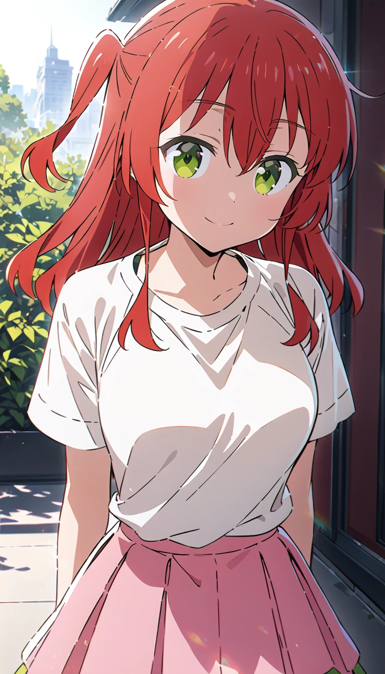 ikuyo kita, green eyes, hair between eyes, long hair, one side up, red hair, large breasts, white t-shirt, pink cardigan, flare skirt, smile, solo, best quality, ultra-detailed, high resolution, best quality, detailed shading, detailed background,detailed clothes, 