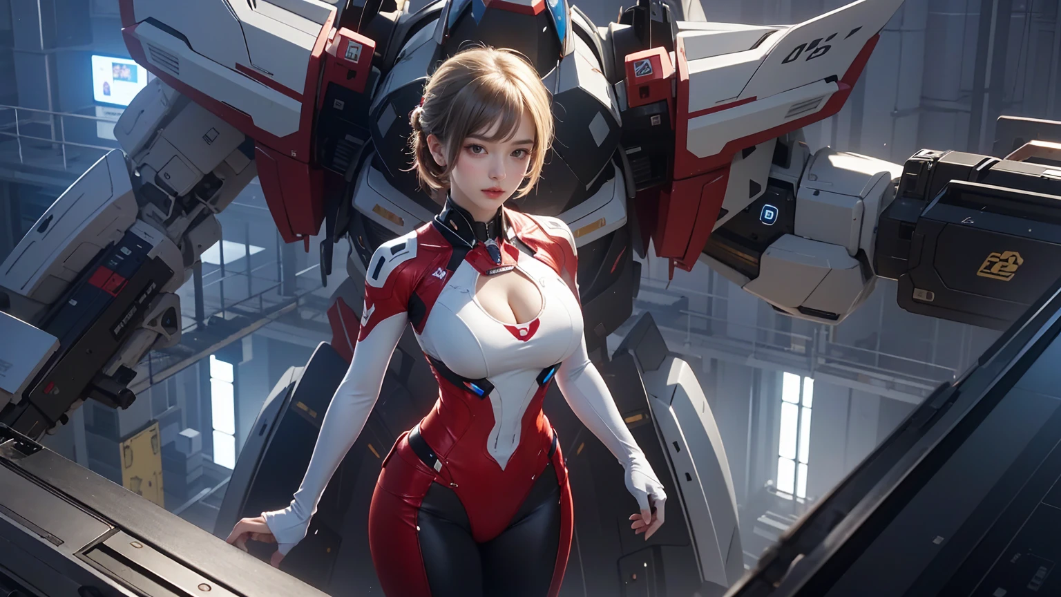 masterpiece, best quality, photorealistic, beautiful lighting, 1girl, bangs, airport, dynamic pose, mirage farina, pilot suit,  <lora:mirageFarinaJenius_v1:1>, on the airport runway next to the fighter jet