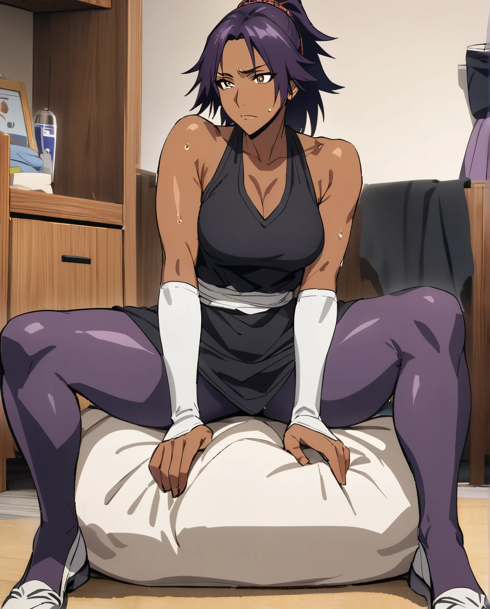 (1 girl, anime, illustration, girl bedroom, (Yoruichi Shihoin), Bleach, detailed face, short hair, dark purple hair, golden eyes, dark skinned, tanned skin, sweating, purple bodycon dress, masterbating with pillow ,(M legs), parted legs, thick thighs, from front,best quality, highres, masterpiece:1.2, ultra-detailed, HDR, UHD, sharp focus, extreme detail description, professional, from front