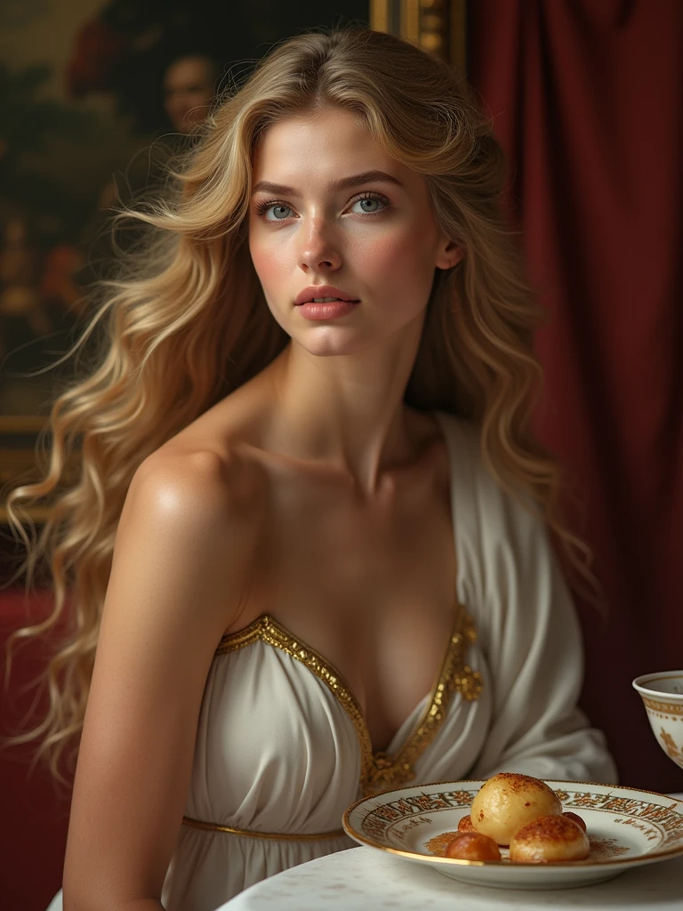 helen of troy  ( The best quality ,4k,8K,highres, masterpiece :1.2),  Ultra detailed, (realistic,photorealistic,photo-realistic:1.37), portraits, HDR-10, Greek mythology, Beautiful portrait of the goddess Venus, Perfect DNA,  detailed eyes , Detailed Lips,  stunning beauty , Flowing golden hair, Naked,  perfect body, perfect Naked, elegant pose, charming look,  vibrant colors, soft lighting.( Not suitable for work:1.4),  sitting in front of a table with delicious delicacies . The background should be a classic Greek room 