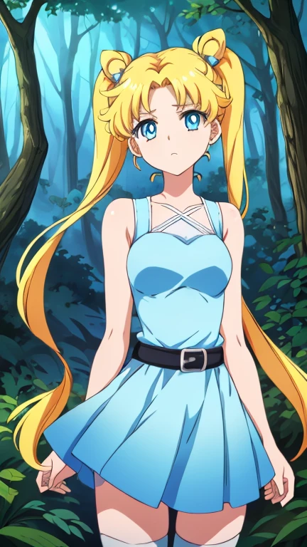 (1girl, Alone, Bubbles), (extremely detailed CG unit 8k wallpaper),(master part), (best quality), (ultra detail), (best illustration),(Crystal Movies Style), cowboy shot, (Sharp eyeliner, ombre, detailed eyes:1), forest, outdoors background, ,break, upper body, (yellow-blonde hair, blue eyes, short twintails, pigtails), (dress, sky-blue sleeveless dress, simple black belt, white thighhighs)