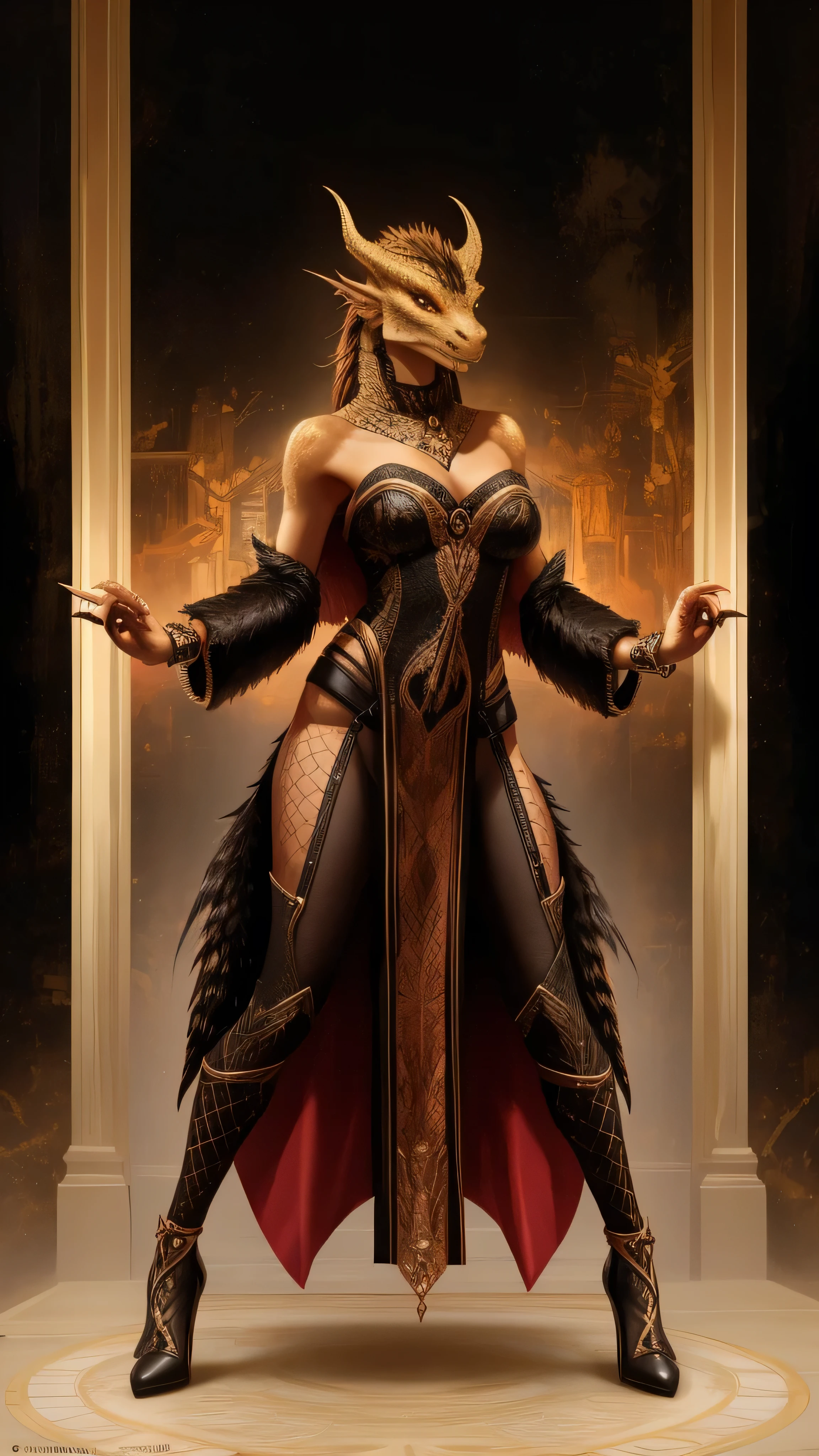 Dragonborn, female, dark purple dragonborn, black form-fitting ninja suit, lightweight materials, protective plates on arms and legs, with scale elements, dragon style, ninja mask, partially hidden face, shurikens, kunai, belt, amulet, bright dragon glow, stealth mission, (insanely detailed, beautiful detailed face, masterpiece, best quality), cinematic lighting, 1woman, solo, (full body view), front view, looking at viewer, intricate, high detail, sharp focus, dramatic, photorealistic painting art by greg rutkowski