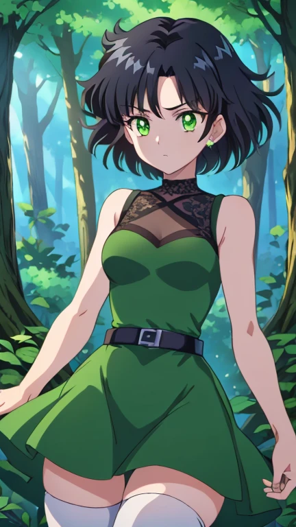 (1girl, Alone, Buttercup), (extremely detailed CG unit 8k wallpaper),(master part), (best quality), (ultra detail), (best illustration),(Crystal Movies Style), cowboy shot, (Sharp eyeliner, ombre, detailed eyes:1), forest, outdoors background, ,break, upper body, (black hair, green eyes, short hair, messy hair), (green dress, green sleeveless dress, simple black belt, white thighhighs)