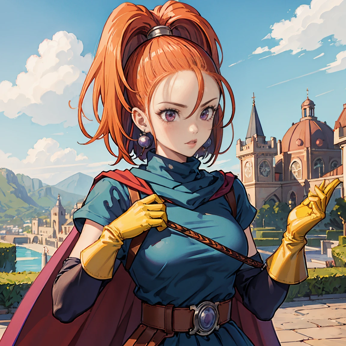 masterpiece, best quality , Kampala,Super detailed,povfellatio,1boy,penis,((fellatio)),Light purple eyes,Outdoor,garden,(nsfw), (((dq6barbara))),high ponytail,blue dress,cape,yellow gloves,belt,jewelry,earrings,