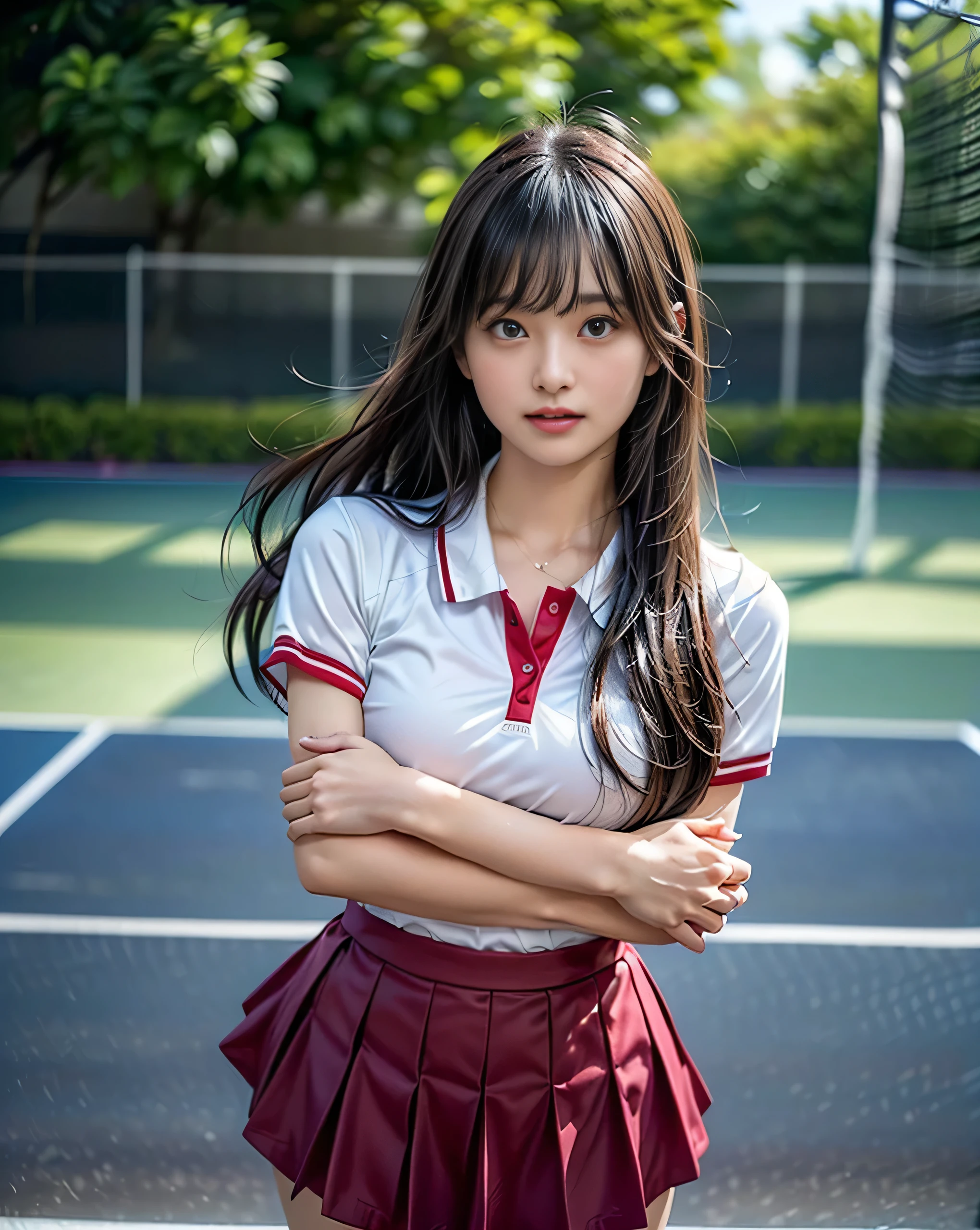 From Behind、 best quality , masterpiece, ultra-fine , (Realistic:1.4), RAW Photos, superrealistic,  beautiful Japanese high school girl standing on a tennis court in a tennis costume、 hair fluttering in the wind、( Showing White Thighs 、 Wind Fluttering Skirt  :1.4), (( Showing White Thighs 美しい日本の女子高生 :1.4)), Upskirt, nsfw, (  tennis wear:1.3)、(( holding the skirt with both hands :1.5))、smile、Long, slender legs、Thighs、Belly button exposed、Big Breasts、beautiful girl、Bold pose、Strong winds are blowing from the front、