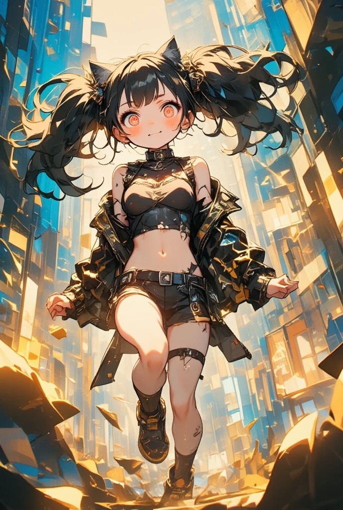 wild and cute girl, runs through the glass, future city, background shattered iridescent glass, gold speed lines, flying gold dust, wind effects, delicate and dynamic textures, contrasts of light and shadow, 2.5D, artistic, digital graphic CG, BREAK ultra detailed, absolutely resolution, best quality