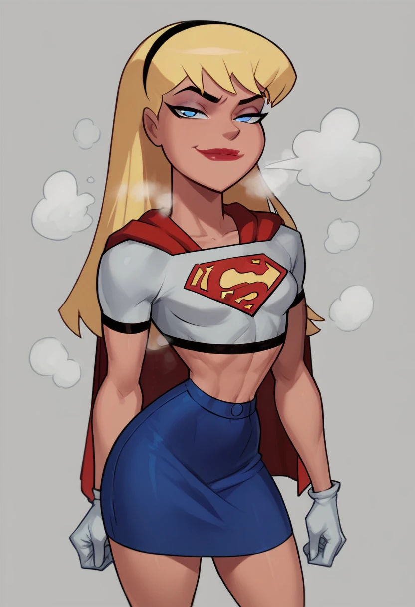 1girl, supergirl, blonde hair, long hair, hairband, blue eyes, makeup, lipstick, white gloves, red cape, blue skirt, white crop top, smug, steam, standing, portrait, 