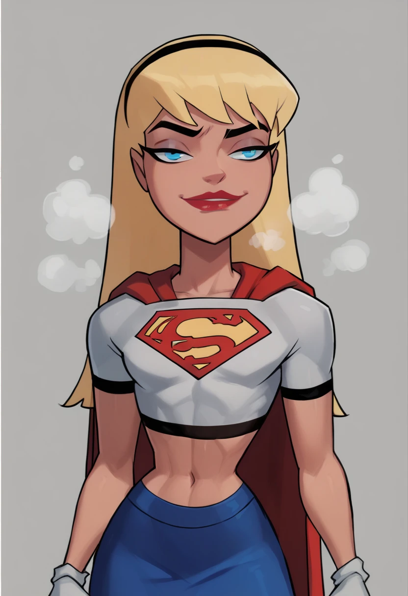 1girl, supergirl, blonde hair, long hair, hairband, blue eyes, makeup, lipstick, white gloves, red cape, blue skirt, white crop top, smug, steam, standing, portrait, 