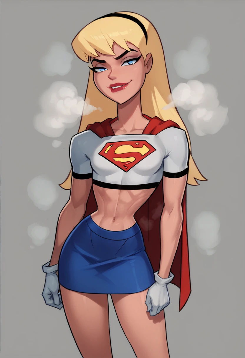 1girl, supergirl, blonde hair, long hair, hairband, blue eyes, makeup, lipstick, white gloves, red cape, blue skirt, white crop top, smug, steam, standing, portrait, 