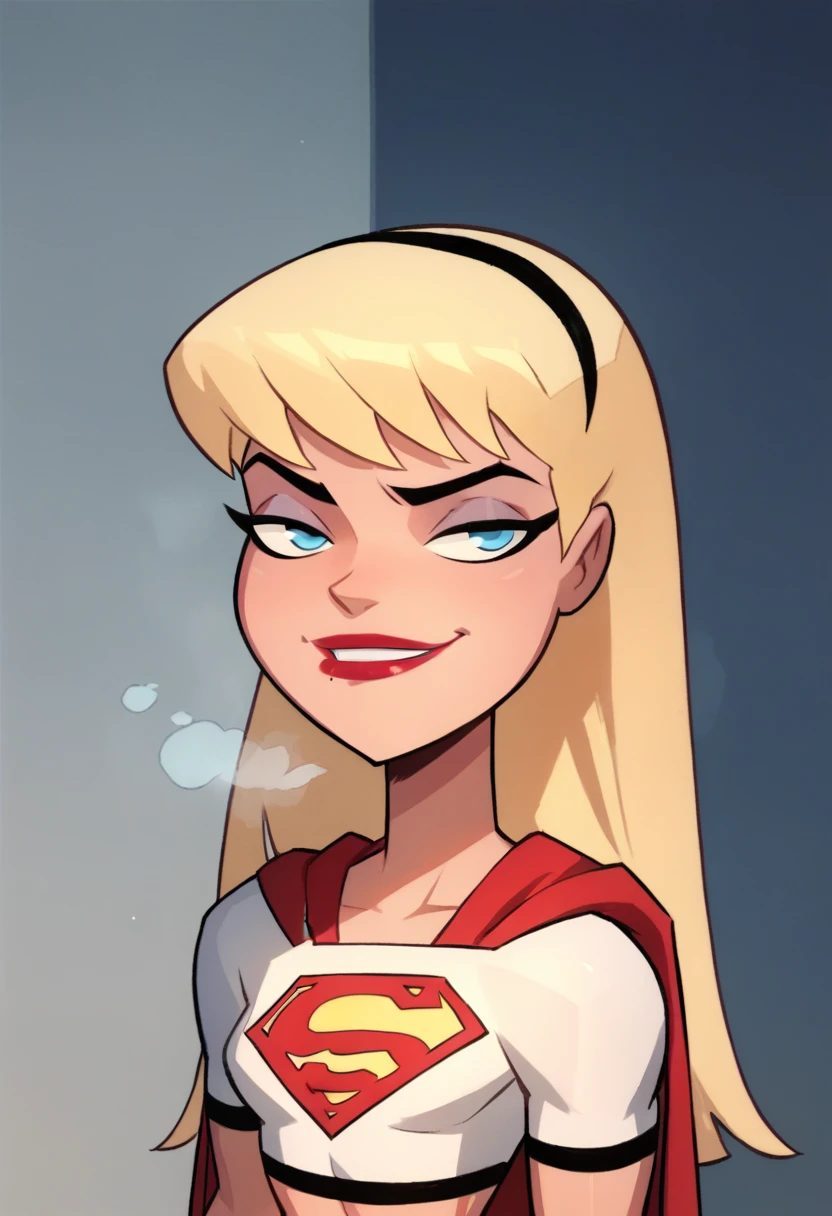 1girl, supergirl, blonde hair, long hair, hairband, blue eyes, makeup, lipstick, white gloves, red cape, blue skirt, white crop top, smug, steam, standing, portrait, 