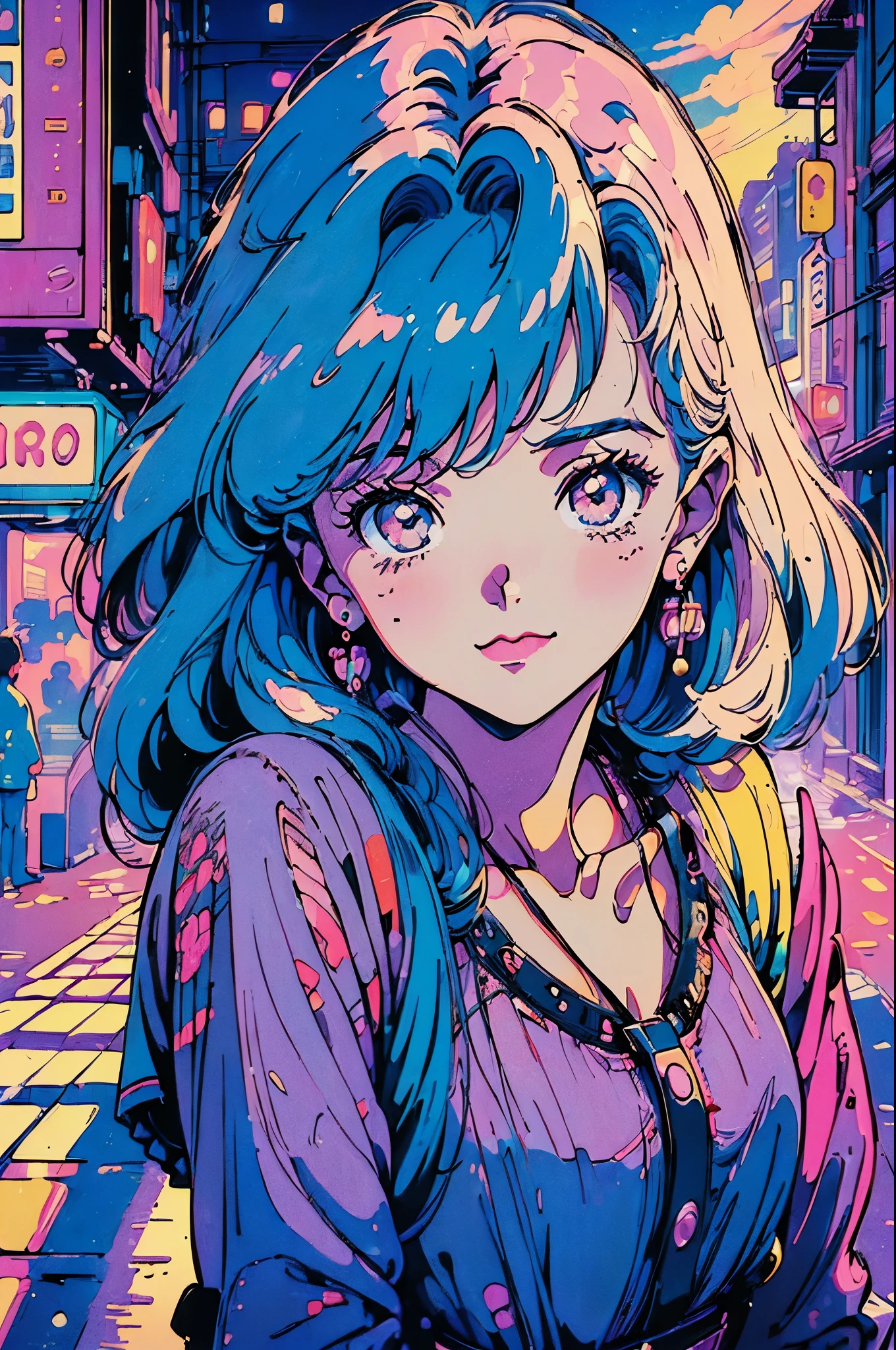 (80's, retro, city pop poster:1.5), (album cover), (masterpiece, highest quality, intricate details), (anime, figure), (pastel colour:1.3), Best Photo Poses, dynamic angle,
girl, alone, smile, perfect detail eyes, delicate face,
City scene, City of night, Thailand, high fashion,