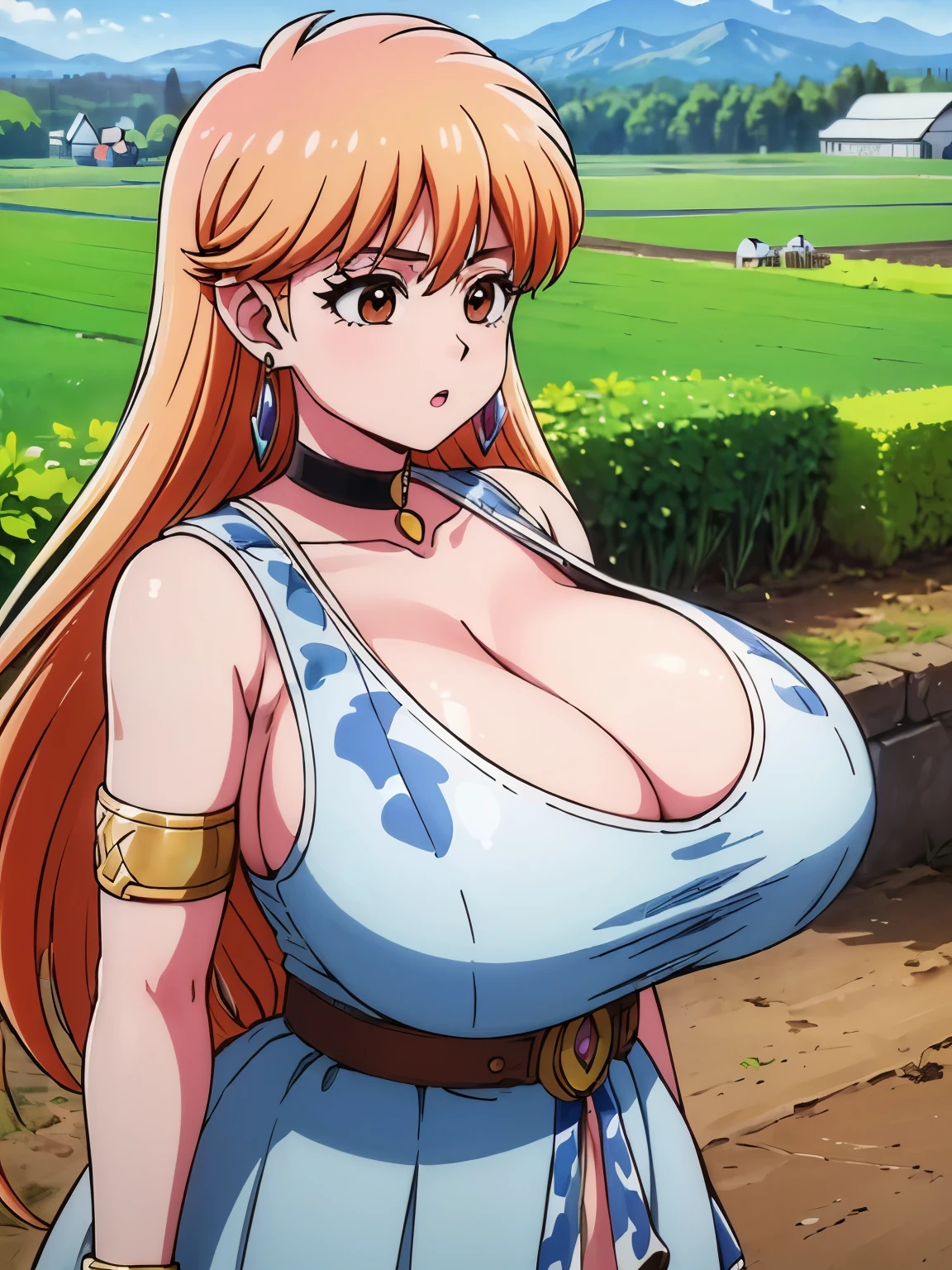 (masterpiece:1.2, highest quality:1.2, Ultra-high resolution), (1 girl), Leona, Dragon Quest:dai no daibouken, (orange hair, Long Hair, brown eyes, hair ornaments, bangs), (brass Circlet, choker, Earrings, ultra realistic & detailed sexy modern lingeries:1.4, ultra realistic sexy bra:1.4, ultra detailed sexy panties:1.4, Golden collar, golden bracelet, cloak, necklace), Big eyes, Ultra-realistic double eyelids, Ultra-detailed double eyelids, (clear eyes, detailed eyes, fine eyes, perfect eyes), (((((ultra large natural breasts, Super huge tits, Super huge boob, Super huge cleavages))))), (((outdoors, besides hut, besides barn, fields, rice fields, farms, village, fields, mountain view, rural, country side, medieval era))), (Ultra Slim Waist, Ultra slim model body style), Highly detailed face, Highly detailed eyes, right front view, close up angle, zoom up angle, (nsfw:1.05), walking, shaved armpits, (surrounded by farmers:2.0), 