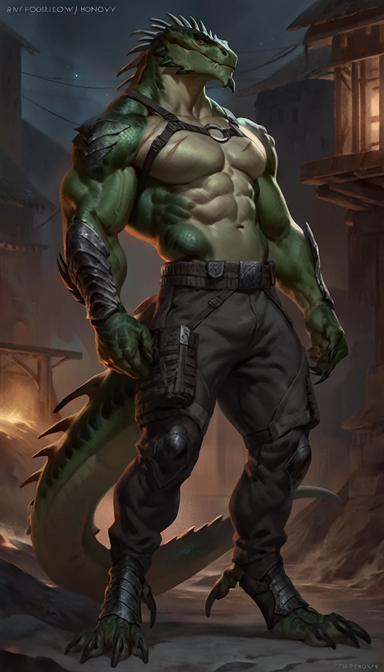 Muscular monster lizardfolk, solo, pants, mercenary, dark green body, body made of steel, strong, armless transparent tight tarpaulin, metallic scales, black belly, scars on body, 1male solo, anthro, muscular, wide back, small waist, thick tail, thick scales on the shoulders, marked jaw, pecs, big pecs, pants, comicbook style, night time,  best quality, 4k, ultra-detailed, by laobai, by taran fiddler, by honovy, by null-ghost, by thebigslick