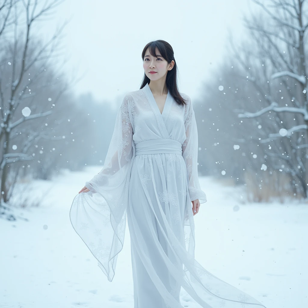 A Mesmerizing Image of a Woman in a White Yukata, Dissolving into the Snow:

Main Focus: A serene and ethereal figure of a woman wearing a flowing white yukata, gracefully standing in a snow-covered landscape. Her form appears to be slowly dissolving into the falling snow, as if she is becoming one with the winter surroundings. The subtle transition between her body and the snow creates a delicate balance between reality and dream.

Visual Details: The woman’s yukata has intricate, yet faint patterns, barely visible against the white snow, adding to the sense of her merging with the environment. Her posture is peaceful, and her expression is calm, as if she is embracing the cold serenity of the scene. The snowflakes around her are lightly touching her form, causing the edges of her body to blur into the wintry air.

Background Setting: The scene takes place in a quiet, snow-filled forest or an open field, where soft snow blankets the ground and trees. Snow continues to gently fall from the sky, adding to the mystical ambiance. The only light comes from the pale, overcast sky, creating a soft, diffused glow that enhances the otherworldly atmosphere.

Artistic Techniques: The image should combine multiple styles, blending realism with surreal, dreamy qualities. 3D rendering captures the details of the snow and the woman’s figure, while the painting technique emphasizes the softness of her transition into the snow. The colors are subtle and pale, with the primary focus on shades of white, silver, and light blue to evoke a feeling of cold, peaceful dissolution.