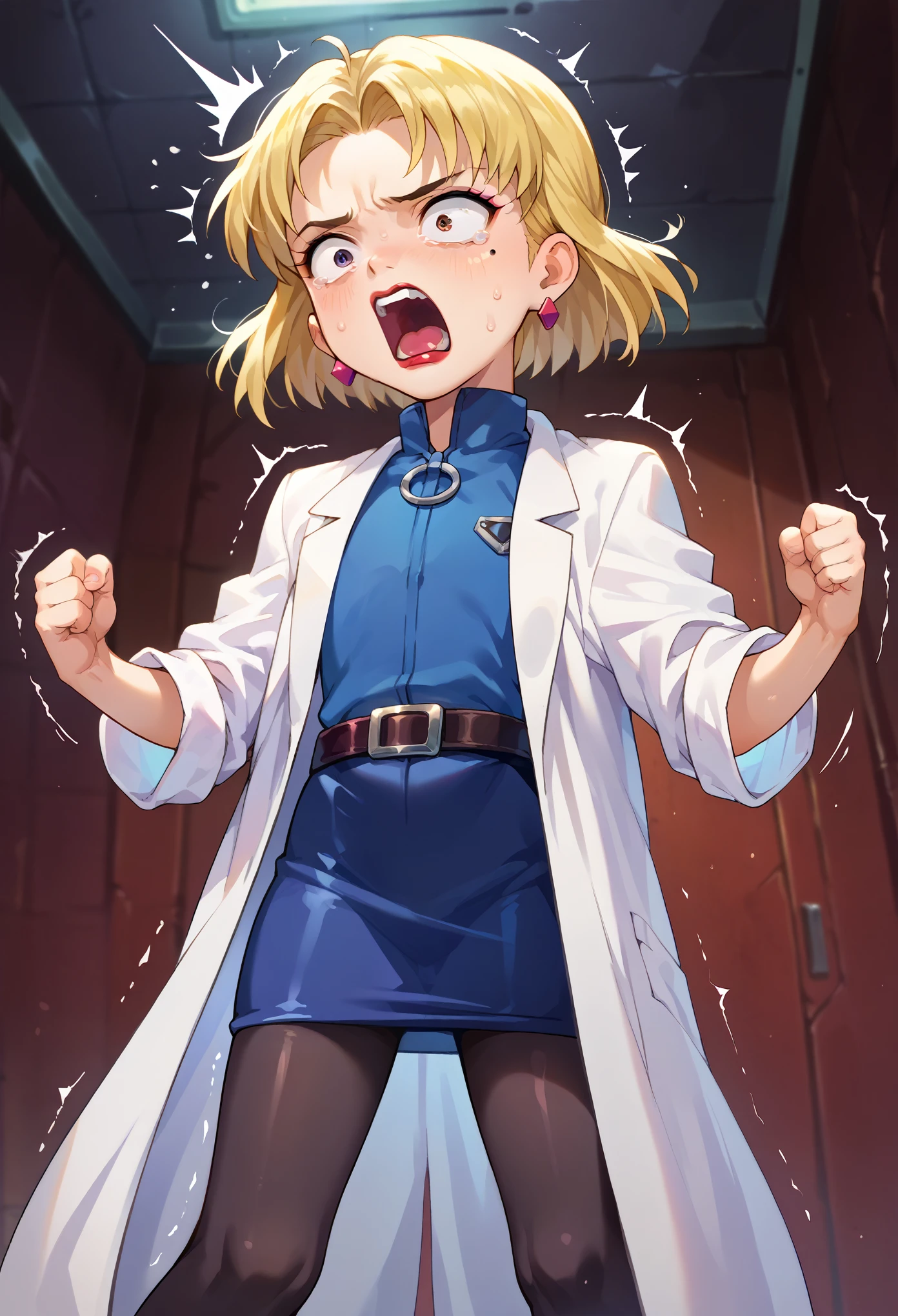 score_9, score_8_up, score_7_up, 1girl, solo, (****:1.5) ,flat chest, Ritsuko, 1girl, solo, blonde hair, mole under eye, labcoat, earrings, jewelry, short hair, belt, lipstick, makeup darkblue skirt, black pantyhoses, belt, screaming, shaking, shocked, scared, looking down, surprised, indoor, lab background, AgeRegression, Oversized Clothes,