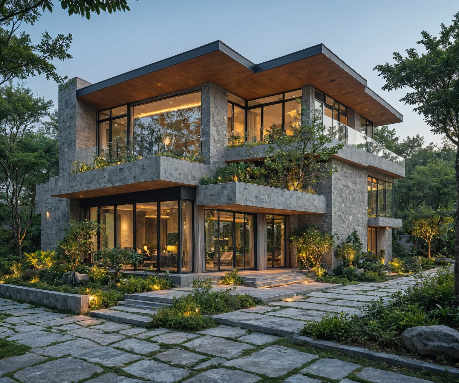 A modern, luxurious house with a sleek, minimalist design. The exterior is made of dark-toned materials, including stone cladding and large glass windows. The first floor features floor-to-ceiling windows, and an open-plan layout with visible living areas. The second floor has a spacious balcony with greenery, framed by black metal railings. The entrance is accentuated by strategically placed lights, and the front yard is landscaped with clean, geometric lines, low shrubs, and modern concrete pathways. The house emits a warm and welcoming glow from its lighting at dusk (lightnight:2.2)