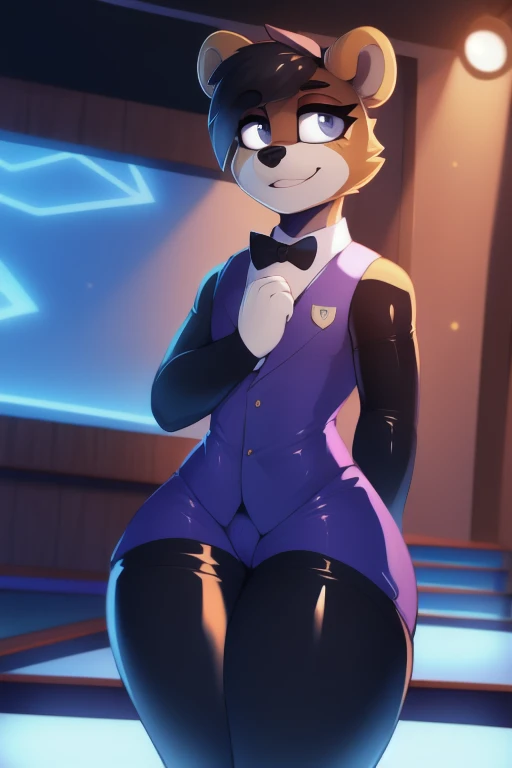 Alone,Bear,yellow fur, boy,  female male , hair highlights,purple dress vest , bow tie , shortinho de latex sexy, mini purple top hat on the head, thighs thighs ,  curvy figure , detailed eyes perfect anatomy,  masterpiece,{{pose sexual}},black eyes and bright white irises, short hair on the side ,without syrup,big ass, thick thighs,  wide hips  , perfect,  incredible shading , Whole body, detailed hands, detailed eyes, detailed face,  detailed arms , anthropomorphic ,by Clina,por coffeesoda, By Hioshiru, centered, character focus,  masterpiece, standing,boat,light show,stage.