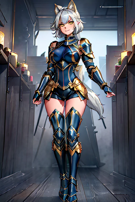 female, silver short messy hair, yellow eyes, silver wolf ears, silver wolf tail, (((1girl))), (((dark blue metal armor with gold trim))), (black booty shorts), (dark blue metal gauntlets with gold trim), (dark blue metal knee high boots with gold trim), cute and sexy, full body, big breasts, long legs, smiling