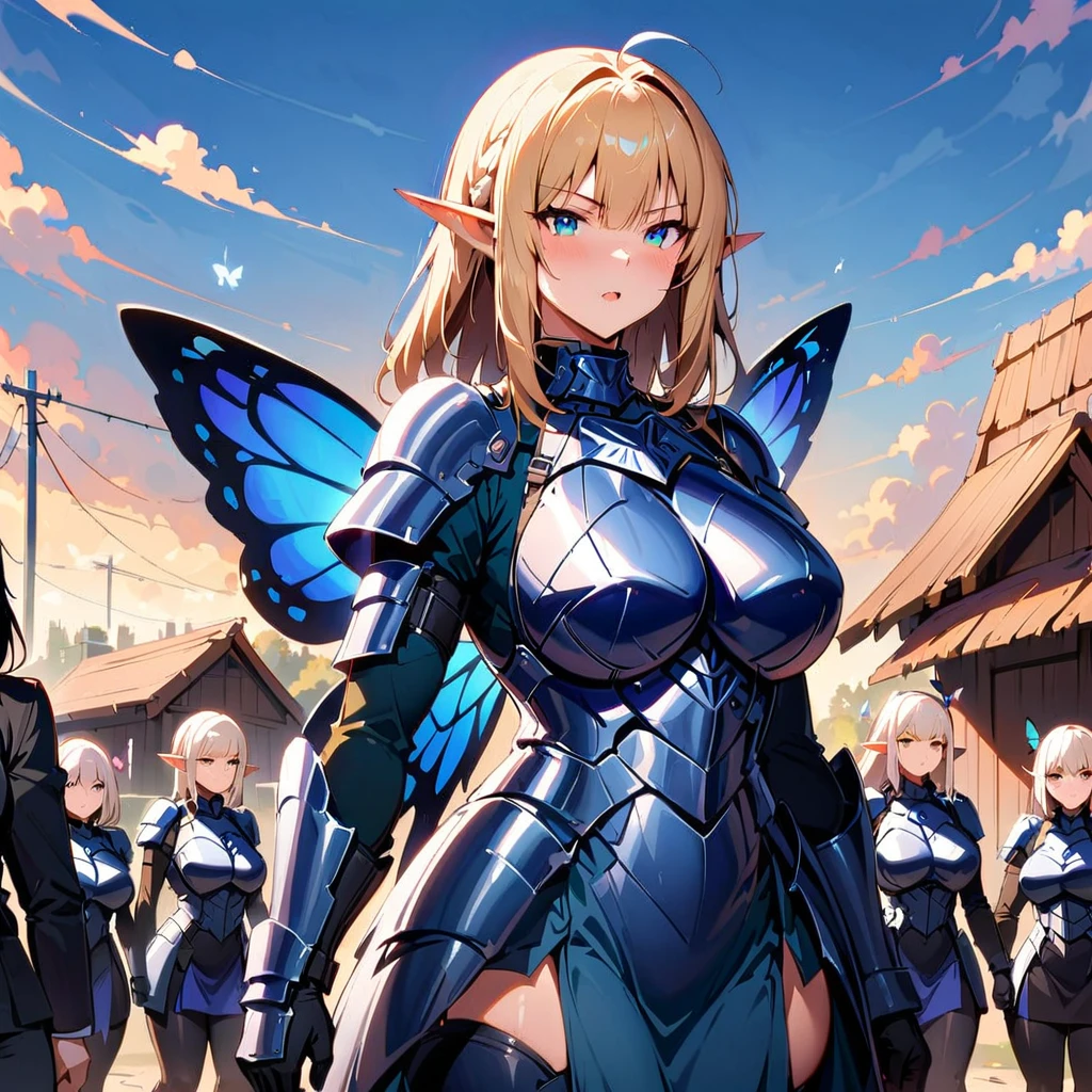 Anime, Berserker, mature womans, milf, elf's ears, butterfly's wings, body-armor, Berseker' clothes, Berserker clothes, curvy body, multiple womans, berserker, womans surrounding