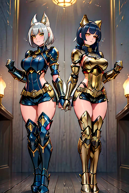 female, silver short messy hair, yellow eyes, silver wolf ears, silver wolf tail, (((1girl))), (((dark blue metal armor with gold trim))), (black booty shorts), (dark blue metal gauntlets with gold trim), (dark blue metal knee high boots with gold trim), cute and sexy, full body, big breasts, long legs, smiling