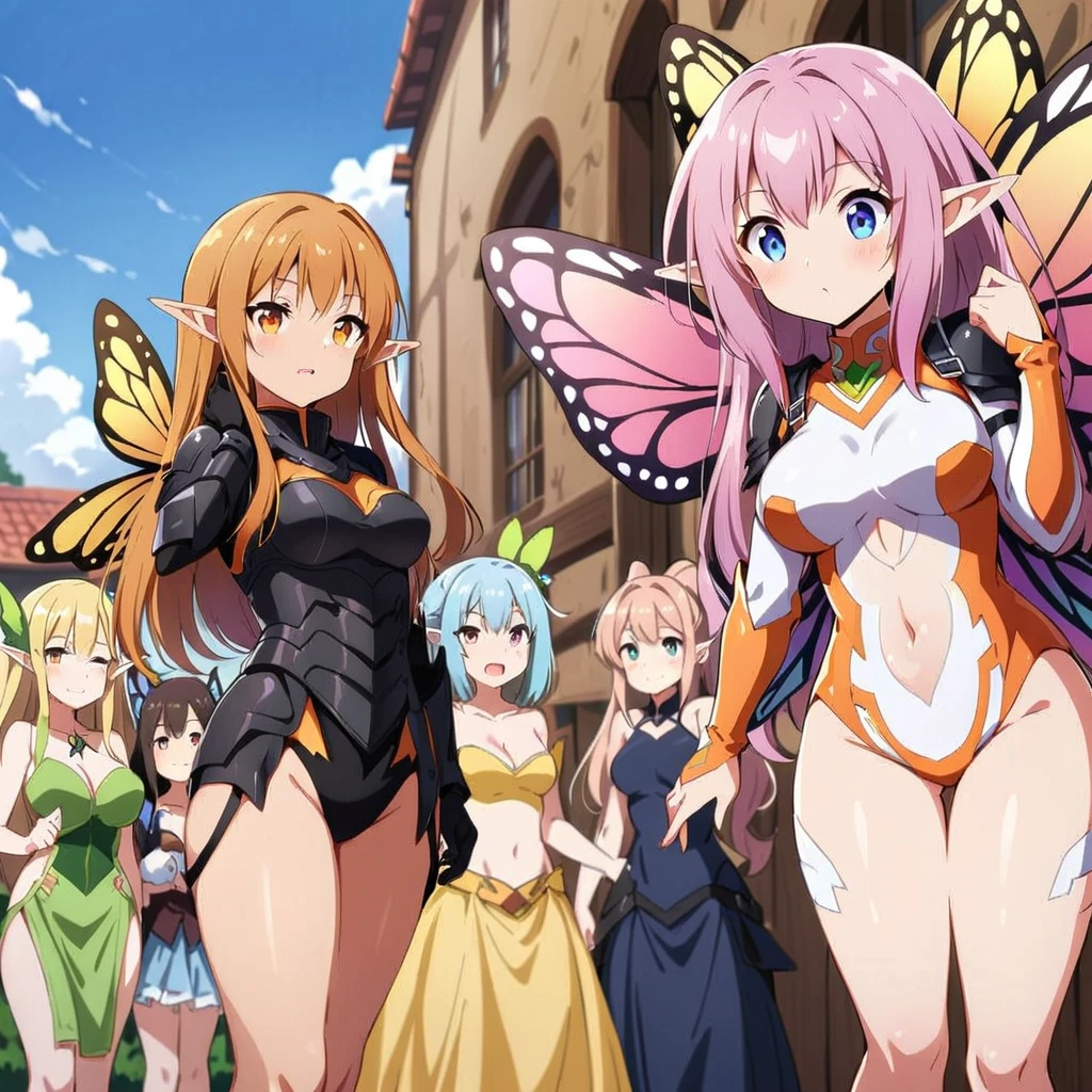 Anime, fairy girls, elf's ears, butterfly's wings, body-armor, detailed body-armors, curvy body, multiple girls, armors Shinning, girls surrounding