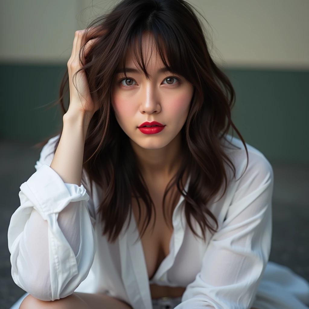 A photorealistic portrait of a east-asian woman with long, wavy brown hair, wearing a white shirt. She is sitting down with one hand resting on her head, slightly tousling her hair, which partially falls across her face. Her expression is intense and contemplative, with piercing light blue eyes and bold red lipstick that stands out against her pale complexion. The background is blurred, hinting at an outdoor setting with soft, natural lighting. The overall mood of the image is moody and striking, with the woman's strong features and relaxed pose creating a captivating contrast