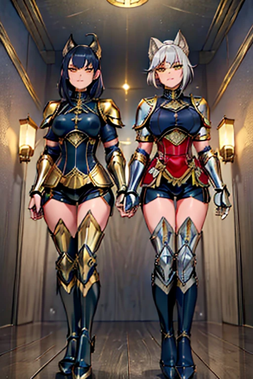 female, silver short messy hair, yellow eyes, silver wolf ears, silver wolf tail, (((1girl))), (((dark blue metal armor with gold trim))), (black shorts), (dark blue metal gauntlets with gold trim), (dark blue metal knee high boots with gold trim), cute and sexy, full body, big breasts, long legs, smiling