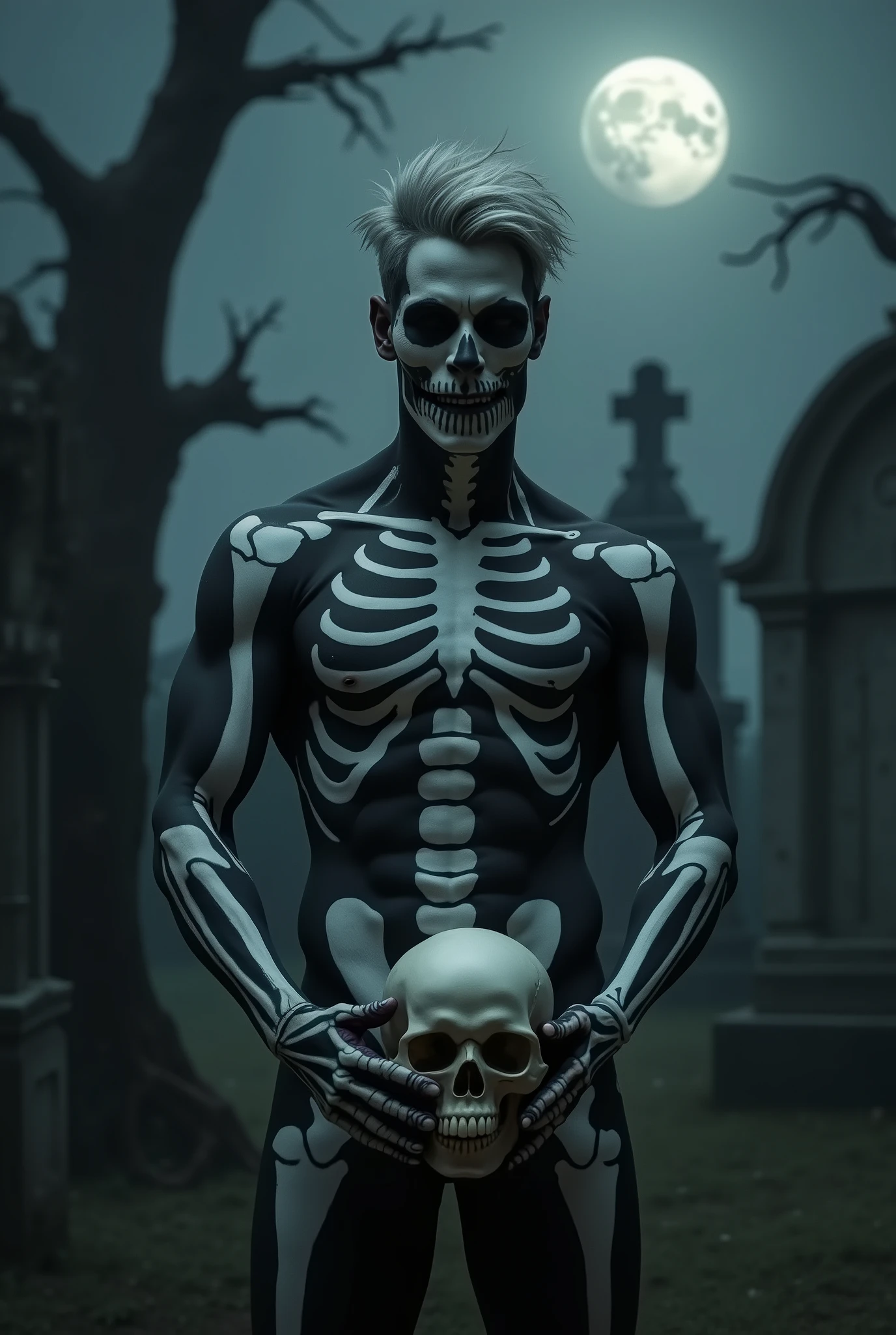 mummy costume, bandages, dynamic pose, bandaged arm, bandaged legs, bandaged torso, (smirk:0.9), halloween, street, jack-o'-lantern, realistic, masterpiece, intricate details, detailed background, depth of field, photo of a handsome man,