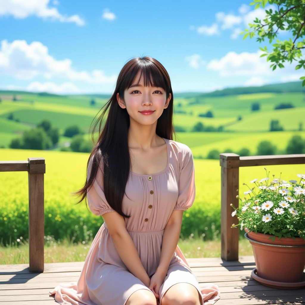 A highly realistic photo of a young Asian woman sitting peacefully in a picturesque countryside setting. She has long, flowing dark hair and wears a soft, pastel-colored dress with puffed sleeves. The background is a vibrant, anime-style illustration of a serene rural landscape, featuring rolling green fields, distant trees, and a clear blue sky with fluffy white clouds. The woman’s expression is calm and content, as she enjoys the gentle sunlight. A wooden porch and a potted plant with blooming flowers are also part of the scene, adding to the tranquil, idyllic atmosphere. The woman seamlessly blends into the illustrated environment, creating a harmonious balance between reality and fantasy."