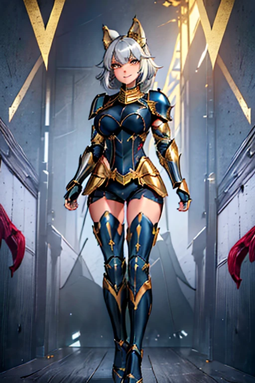 female, silver short messy hair, yellow eyes, silver wolf ears, silver wolf tail, (((1girl))), (((dark blue metal armor with gold trim))), (black shorts), (dark blue metal gauntlets with gold trim), (dark blue metal heeled boots with gold trim), cute and sexy, full body, big breasts, long legs, smiling