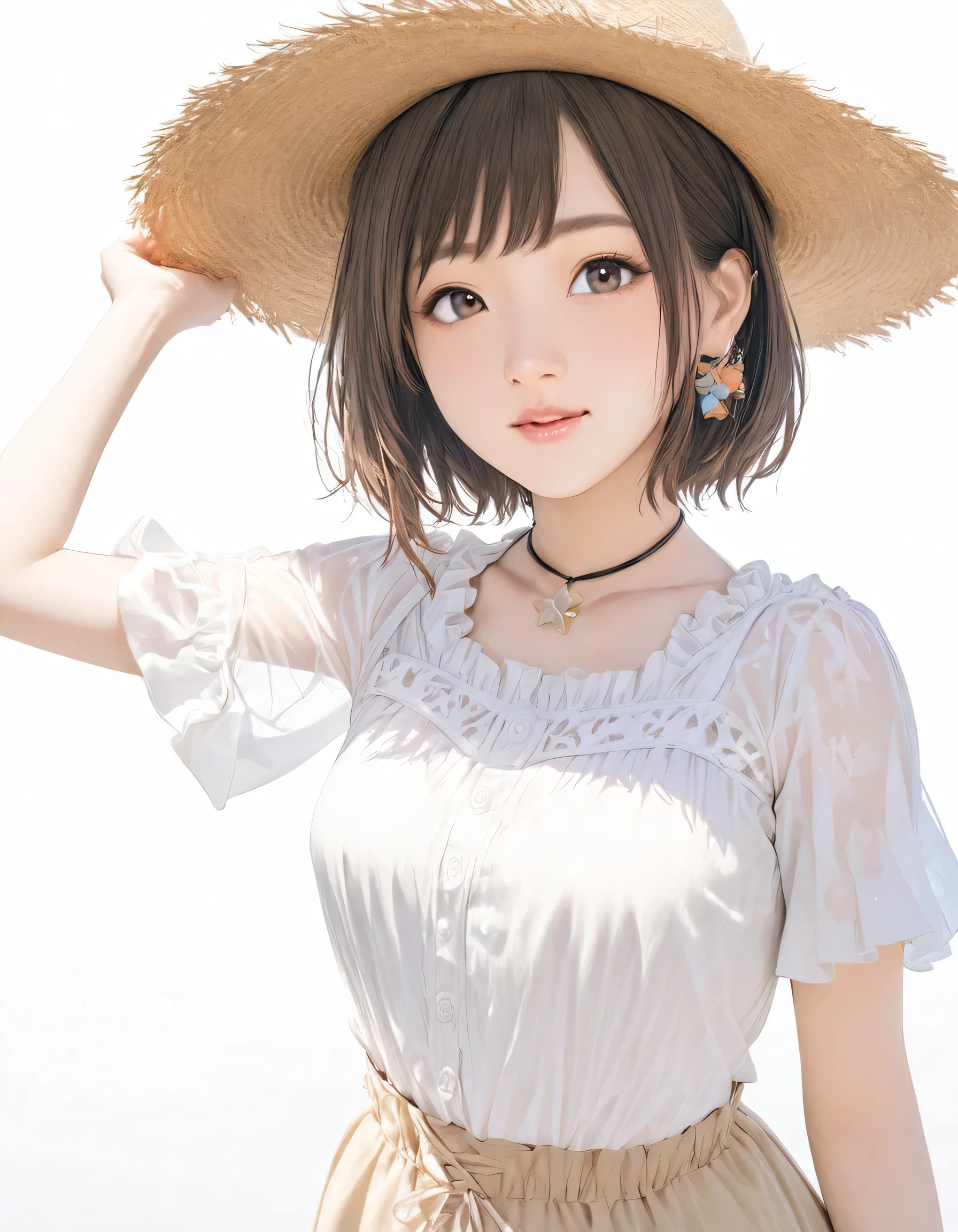 ( best quality :1.2),  1 girl,（ White background:1.3）、summer, blouse,  cowboy shots, Front shot